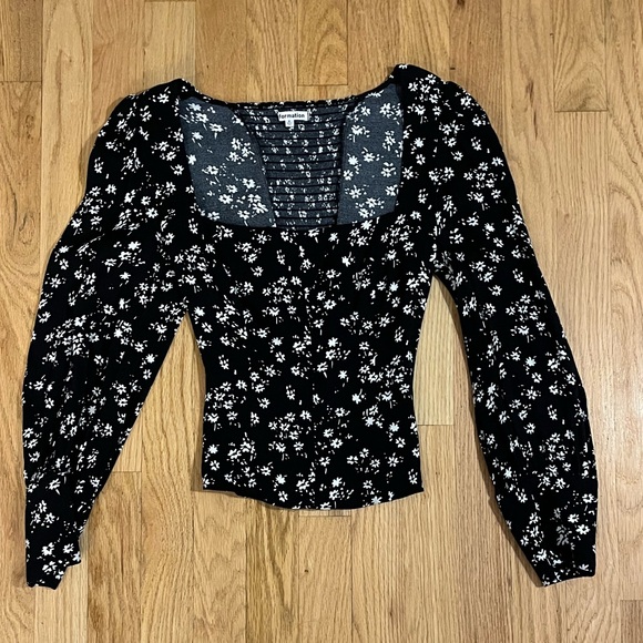 Reformation Cropped Long Sleeve Floral Black Top Size 2 - Picture 1 of 7